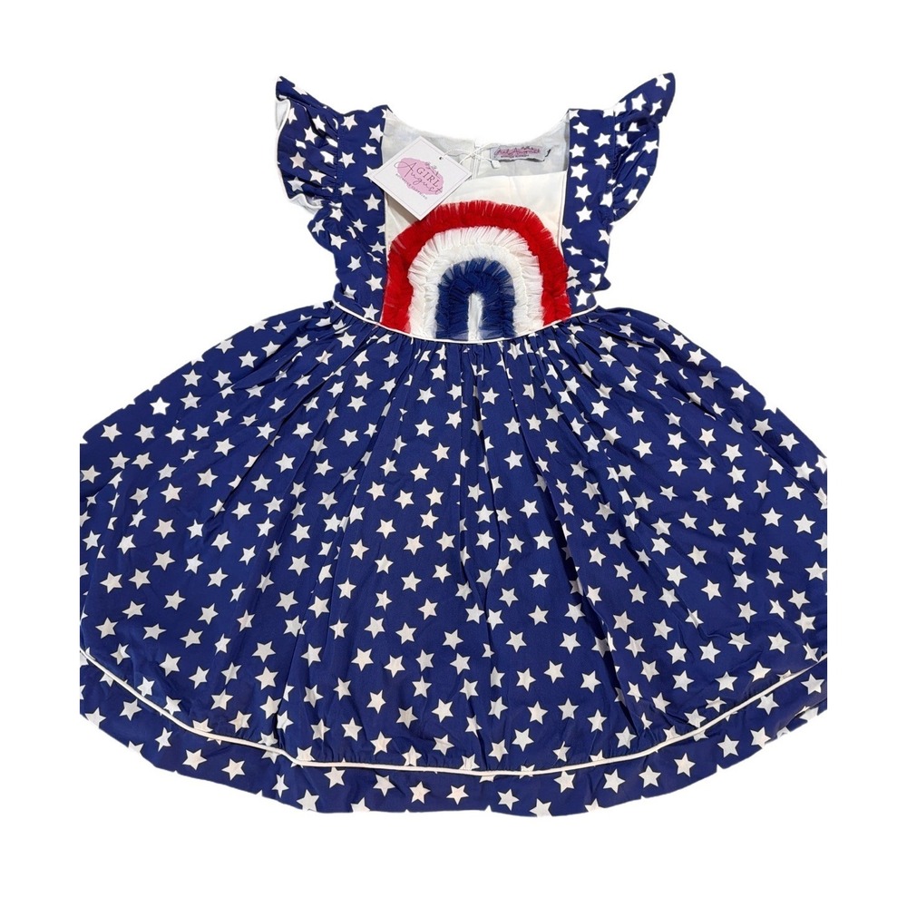 NWT Girl August Boutique Dress Rainbow Tulle Stars Lined July‎ 4 Red White Blue